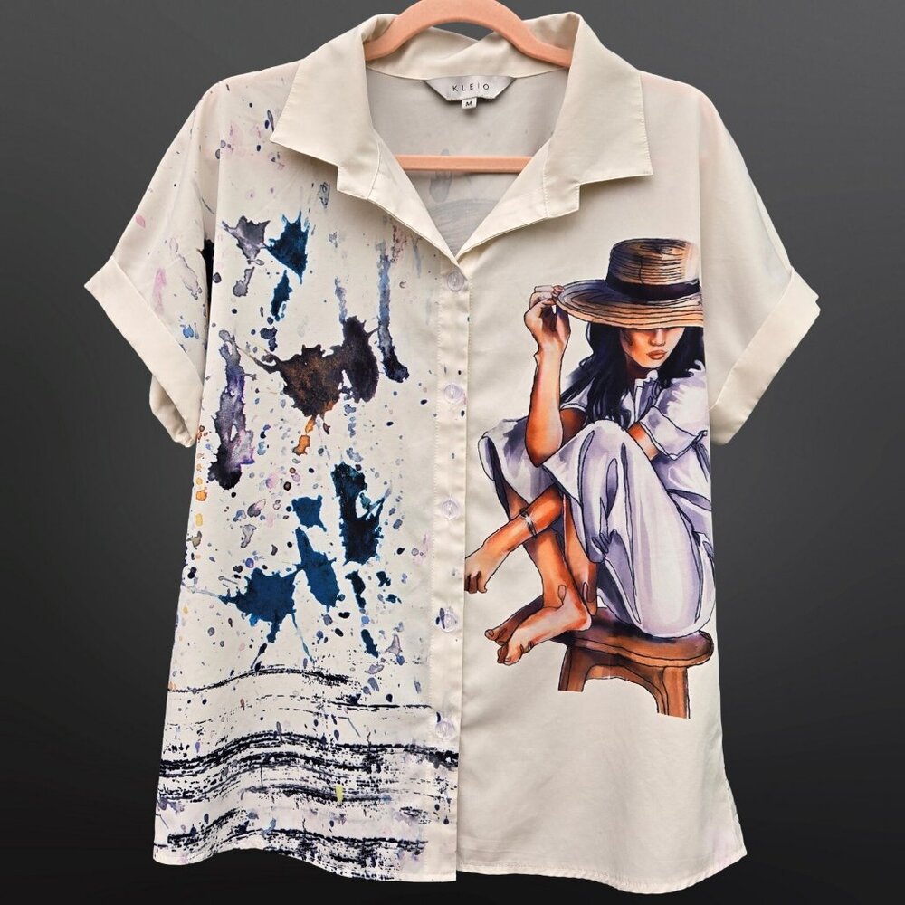 Y2K Allover Print Blouse Size M Boho Artsy Coastal Grandma Short Sleeve Beach